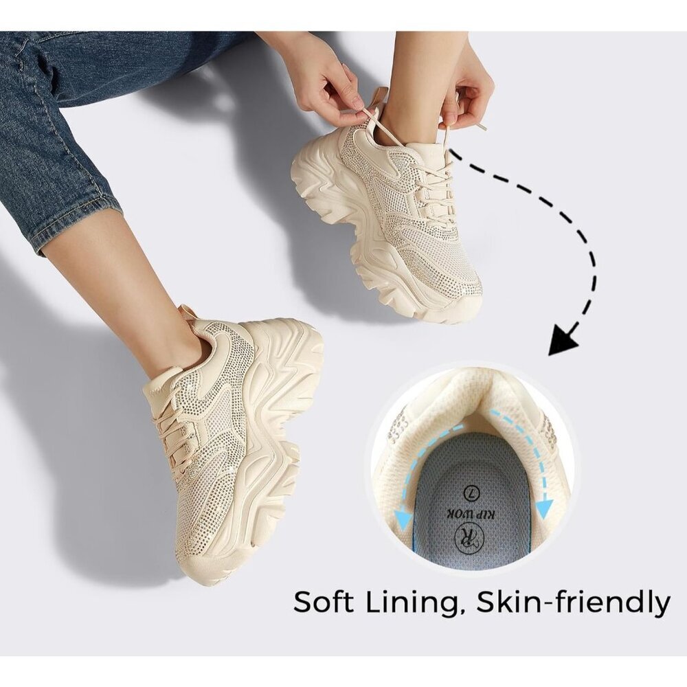 Women Leather Beige Rhinestone Comfortable Wedge Walking Sport Sneakers Shoes - Picture 3 of 9